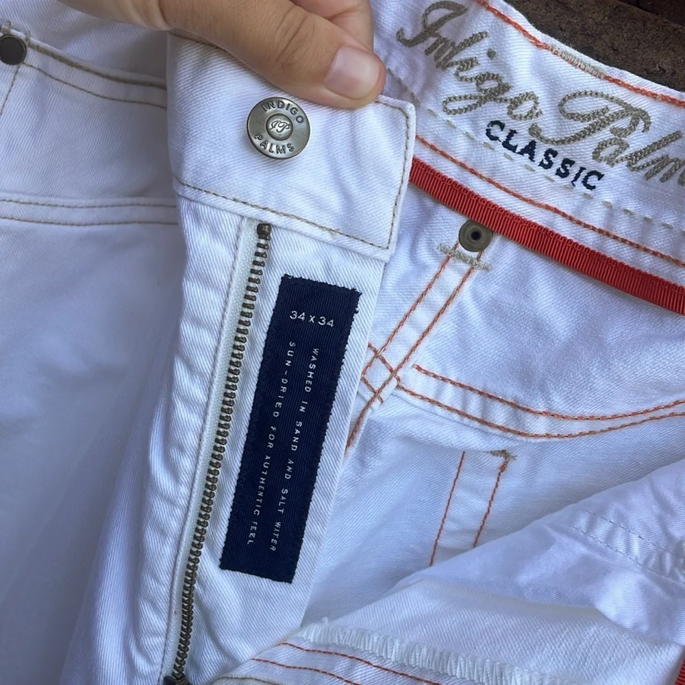 Indigo Palms White Jeans w Brown Contrast Stitch 🤍